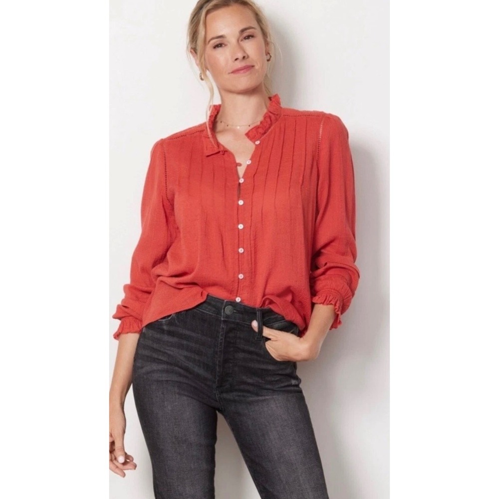 Faherty Willa Organic Cotton Gauze Pintuck Blouse Coral long sleeve ruffles